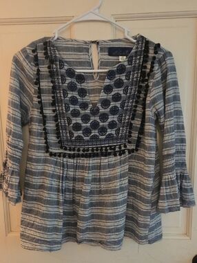 Blue Rain Navy and White Embroidered Boho Top